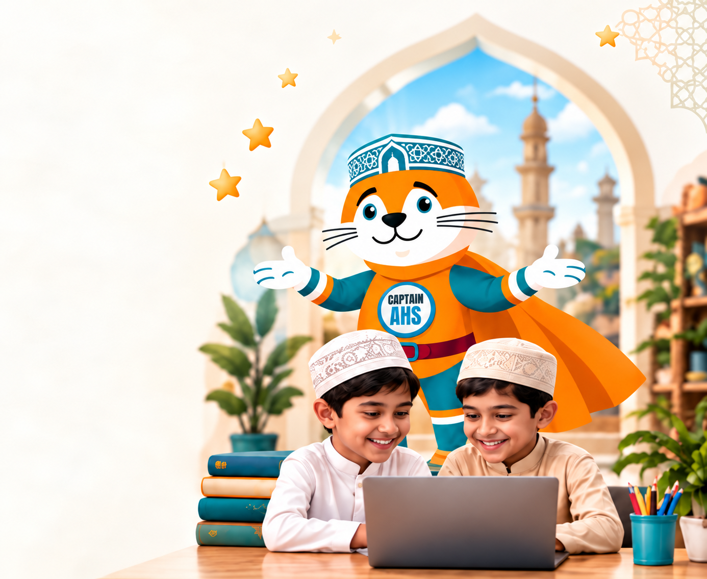 AHS Mascot welcoming madrasa students studying with laptop